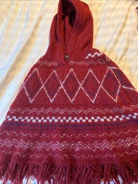 indigo soul Red Hooded Poncho with Fair Isle Pattern